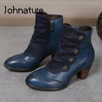 Johnature Лоскутная обувь, женские ботинки из натуральной кожи, зимние ботинки ручной работы в стиле ретро, лаконичные ботинки на платформе с круглым носком 36 чёрный