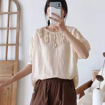 Johnature Лоскутные оборки Свободные винтажные женские топы Блузки летние универсальные однотонные женские рубашки One Size белый