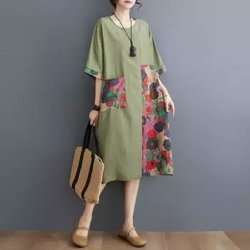 Johnature Лоскутные платья с круглым вырезом, летние повседневные платья с принтом, свободные хитовые цвета, простые карманы, женские платья One Size
