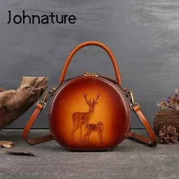 Johnature, маленькая круглая сумка с текстурой пирографа, винтажная женская сумка из натуральной кожи ручной работы, сумки на плечо и через плечо