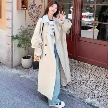 Johnature Mid-length Double-breasted Coat Jacket Women Autumn British Casual All Match Long Women Coats S слоновая кость