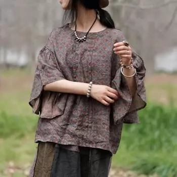 Johnature модная льняная футболка с круглым вырезом и половиной рукавом с цветочным принтом весна-лето женская винтажная свободная футболка