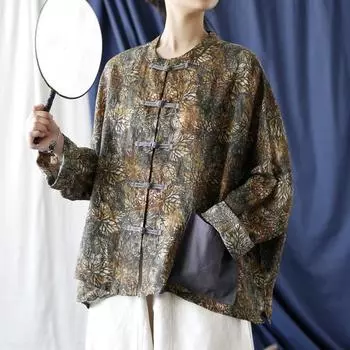 Johnature модная льняная свободная рубашка с длинным рукавом и винтажным принтом, осенняя женская повседневная рубашка в китайском стиле One Size темный кофе