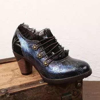 Johnature, модная обувь на высоком каблуке из натуральной кожи, туфли-лодочки в этническом стиле, обувь ручной работы с круглым носком и принтом