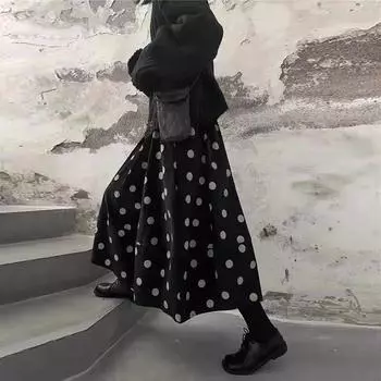 Johnature Модная универсальная повседневная зимняя винтажная вельветовая юбка в горошек с принтом и высокой талией, юбки Bud, осень-зима One Size чёрный