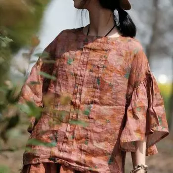 Johnature модная винтажная льняная свободная футболка весна-лето женская повседневная футболка с круглым вырезом и короткими рукавами с цветочным принтом One Size оранжевый