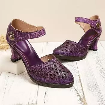 Johnature/модная женская обувь из натуральной кожи, элегантные босоножки ручной работы на высоком каблуке с цветочным узором и полостями в стиле ретро 36 зелёный