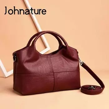 Johnature модная женская сумка из мягкой кожи, большая вместительная сумка через плечо, роскошная сумка, однотонная повседневная сумка-тоут чёрный