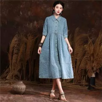 Johnature модное однобортное платье с лацканами и цветочным принтом, летнее женское винтажное ковбойское платье с короткими рукавами в китайском стиле M светло-синий