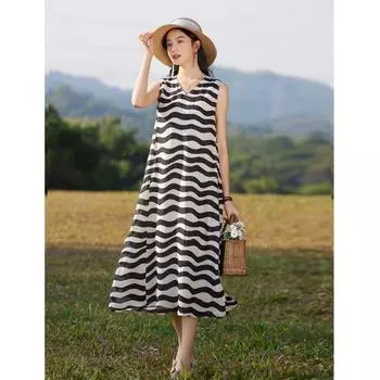 Johnature Модное повседневное платье без рукавов с полосатым принтом и V-образным вырезом, летнее винтажное корейское свободное платье S