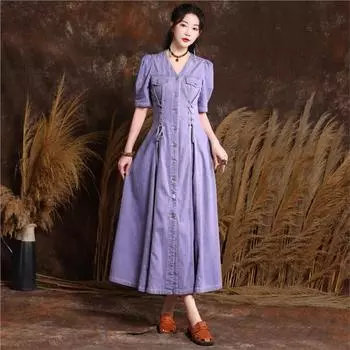 Johnature модное винтажное дизайнерское фиолетовое платье, летнее женское однобортное уздечко с v-образным вырезом, однотонное ковбойское платье XL фиолетовый