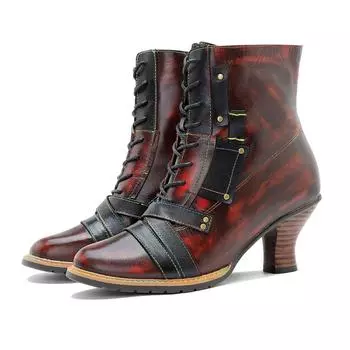 Johnature модные ботинки из натуральной кожи; женская обувь на высоком каблуке; короткие сапоги с заклепками в стиле ретро 36 красный