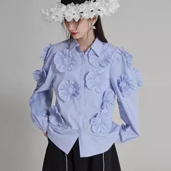 Johnature модные плиссированные трехмерные рубашки с большим цветком, женские роскошные весенние кардиганы с длинными рукавами и высоким воротником, топы M оранжевый