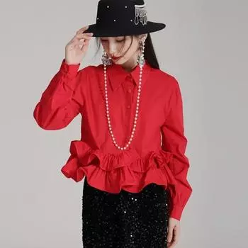 Johnature Модные плиссированные трехмерные рубашки с отделкой грибком, весенние шикарные укороченные свободные женские топы M красный