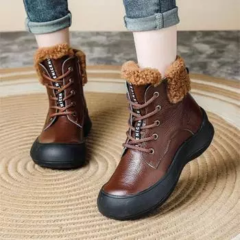 Johnature Модные плюшевые теплые туфли из натуральной кожи с мягкой подошвой и круглым носком, женские короткие ботинки 35 коричневый