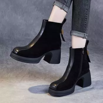 Johnature Модные сапоги на высоком каблуке для женщин из натуральной кожи Челси Короткие сапоги из коровьей кожи на толстом каблуке 35 чёрный