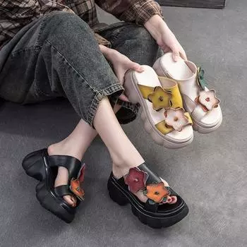 Johnature/модные шлепанцы из натуральной кожи с цветочным принтом на толстой подошве и открытым носком, уличные шлепанцы, женская обувь на платформе 35 бежевый