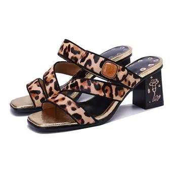 Johnature Модные тапочки на высоком каблуке из конского волоса, универсальные сандалии с квадратным носком и леопардовым узором, удобные сандалии на толстом каблуке 36 коричневый