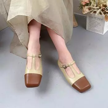 Johnature модные туфли-лодочки с квадратным носком и пряжкой, универсальные женские туфли на низком каблуке из натуральной кожи 35 абрикосовый