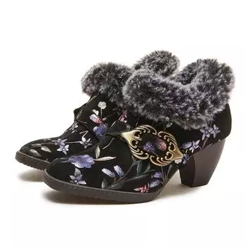 Johnature, модные универсальные осенние туфли-лодочки на высоком каблуке с принтом из натуральной кожи и меховым воротником, женские короткие сапоги в стиле ретро 36 красный