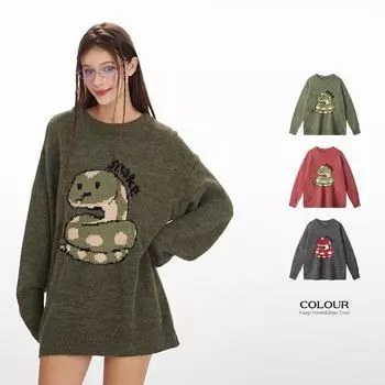 Johnature Модный повседневный свитер с рисунком змеиного года, вязаный свитер с круглым вырезом, универсальный свободный свитер из 3 цветов для женщин S зелёный