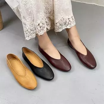 Johnature Мокасины ручной работы из натуральной кожи, туфли на плоской подошве, ретро, круглый носок, неглубокая мягкая подошва, женские туфли 35 абрикосовый