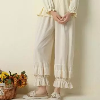 Johnature Mori, хлопковые лоскутные женские брюки с кружевом и оборками, летние винтажные однотонные брюки до щиколотки с эластичной резинкой на талии One Size чёрный