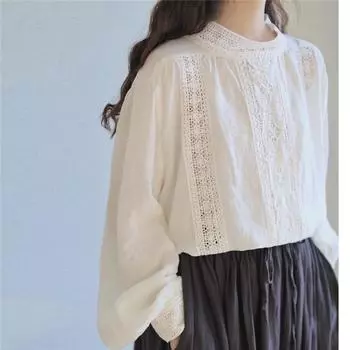 Johnature Mori льняные свободные женские рубашки с вырезами, весенне-осенние свободные винтажные однотонные женские блузки One Size чёрный