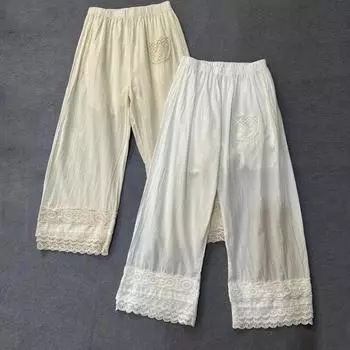 Johnature Mori Render хлопковые брюки длиной до щиколотки, летние японские свободные женские брюки с эластичной резинкой на талии и вышивкой в стиле пэчворк One Size бежевый