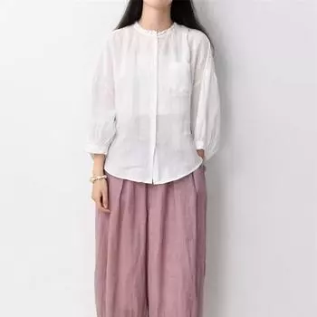 Johnature Mori Sweet кружевной воротник рукав три четверти тонкая рубашка женская повседневная простая свободная однотонная летняя рубашка One Size зелёный