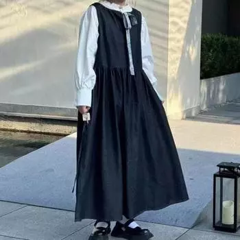 Johnature Mori свободные джинсовые жилеты платья женские осенние повседневные простые свободные универсальные бандажные банты платья One Size