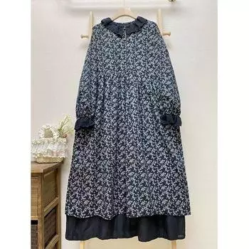 Johnature Mori Женские Милые Платья с Цветочным Принтом Женские Свободные Платья Кэжуал с Отложным Воротником и Лоскутной Отделкой One Size чёрный