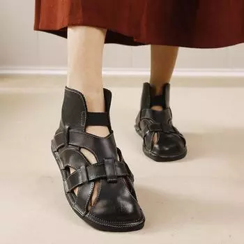 Johnature Мягкая подошва полых сандалий из натуральной кожи ретро ручной работы удобные плоские женские туфли 35 чёрный