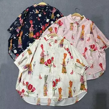 Johnature мультяшный принт с короткими рукавами, хлопковая рубашка, женские летние японские свободные повседневные модные топы с отложным воротником