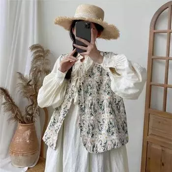 Johnature Напечатанная вышивка японский цветок чистая конопля женские весна лето винтажные пальто Mori One Size бежевый