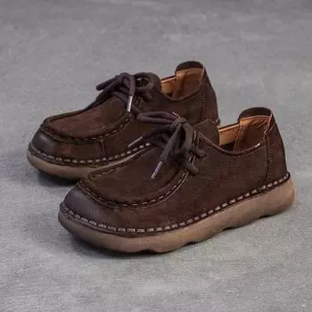 Johnature Натуральная кожа Балетки Удобные Универсальные На шнуровке Для работы Ретро Мягкая подошва Женская обувь 35 кофейный