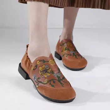 Johnature Натуральная кожа Этнический стиль Вышитые туфли ручной работы Ретро Универсальные женские туфли на низком каблуке без застежек 36 чёрный