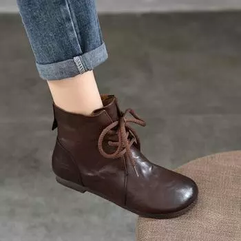 Johnature Натуральная кожа Круглый носок Плоские короткие ботинки Мягкая подошва Шнуровка Женские туфли 35 чёрный