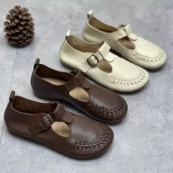 Johnature Натуральная кожа Круглый носок Ретро ручная работа Женские туфли на плоской подошве Мягкая подошва Удобная обувь 40 бежевый