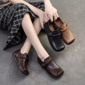 Johnature Натуральная кожа Квадратный носок Повседневные туфли на плоской подошве Ретро Комфортные женские туфли на мягкой подошве для поездок на работу 35 абрикосовый