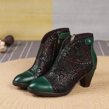 Johnature Натуральная кожа Лоскутный принт Женские ботильоны Ретро Цветочные высокие каблуки Женская обувь 36 чёрный