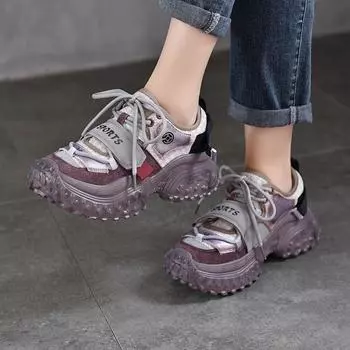 Johnature Натуральная кожа Модные кроссовки для отдыха и спорта на шнуровке Вулканизированные женские туфли на платформе 35 серый