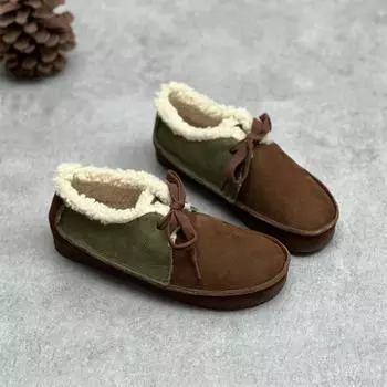 Johnature Натуральная кожа Мягкая подошва Плюшевая теплая и удобная хлопковая обувь Ретро женская обувь на плоской подошве 35 хаки