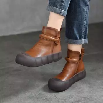 Johnature Натуральная кожа однотонные короткие ботинки универсальные толстые подошвы плоские туфли женские туфли 36 чёрный