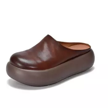 Johnature Натуральная кожа Однотонные С круглым носком Женские шлепанцы на платформе Легкие с толстой подошвой Обувь слипоны 35 коричневый