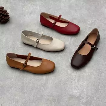 Johnature Натуральная кожа Однотонные женские туфли на плоской подошве ручной работы с квадратным носком Мягкая коровья кожа с пряжкой на ремешке Мягкая подошва 35 бежевый