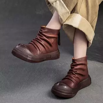 Johnature Натуральная кожа Плиссированные женские туфли на плоской платформе с круглым носком и толстой подошвой Короткие сапоги 36 чёрный