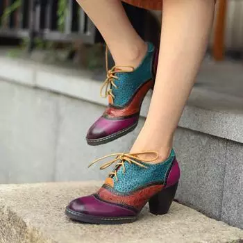 Johnature Натуральная кожа Разноцветные модные туфли-лодочки Ретро-принтованные туфли на высоком каблуке Универсальная женская обувь 36 фиолетовый