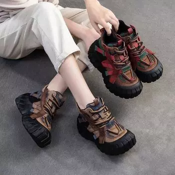 Johnature Натуральная кожа Разноцветные женские туфли на плоской платформе Повседневные универсальные короткие ботинки на толстой подошве 35 верблюд