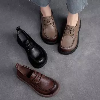 Johnature Натуральная кожа Ретро Круглый носок Шнуровка Повседневная Универсальная Мягкая Подошва Воздухопроницаемая Женская Обувь 38 хаки